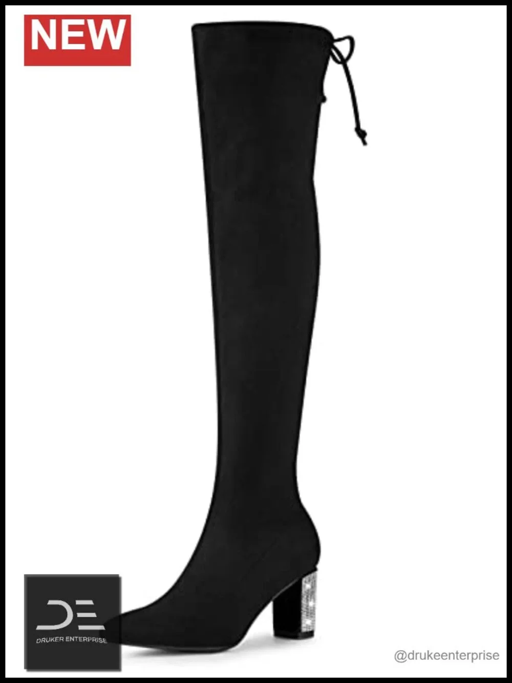 Faux Suede Rhinestone Over the Knee Chunky Heel Boots Pointed Toe Lace Up